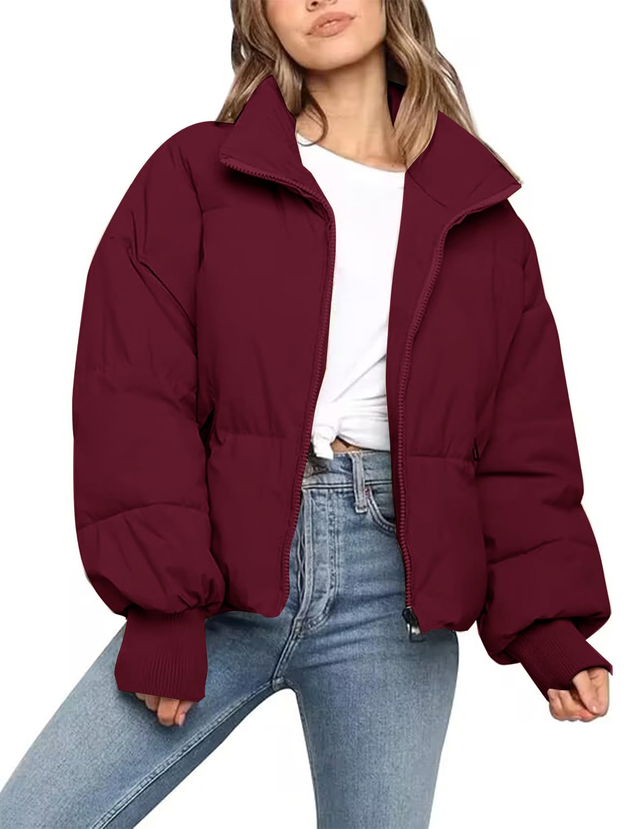 Flygo Winter Cropped Puffer Jacket Coats for Women 2025 Short Warm Quilted Jackets Outerwear with Pockets